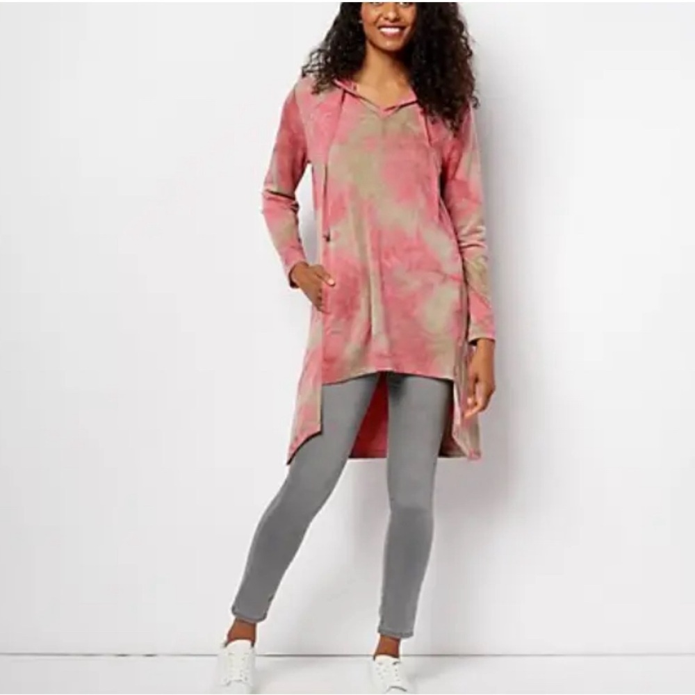 LOGO Lounge by Lori Goldstein - Tie-Dye VNeck Hoodie Hi-Low Hem - Pink